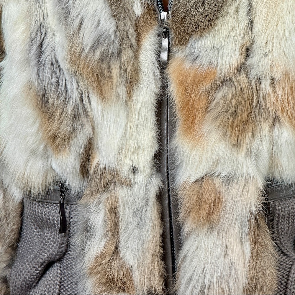 Rabbit Fur and Cable Knit Cardigan Jacket with Hood - Picture 8 of 15